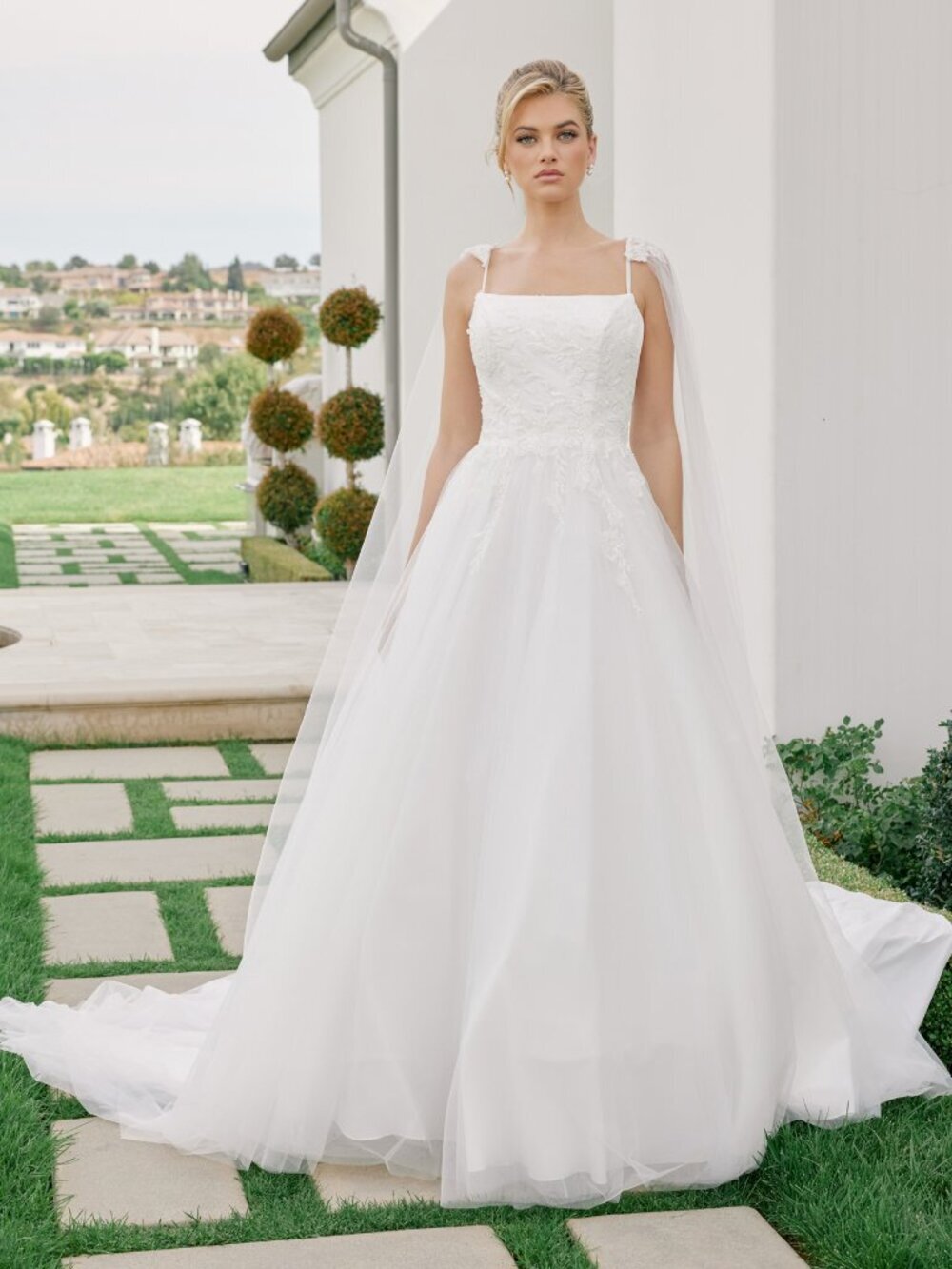 New White Layered Beaded Wedding Tulle Ball Dress w/ Shoulder Cape NX JW1052